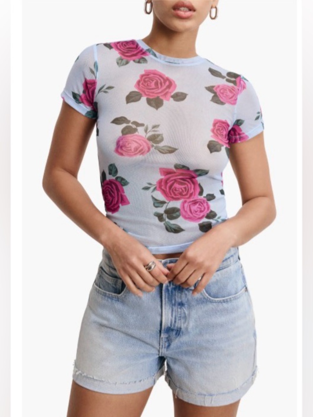 Good American Rose Mesh Baby Tee - Light Blue and Pink